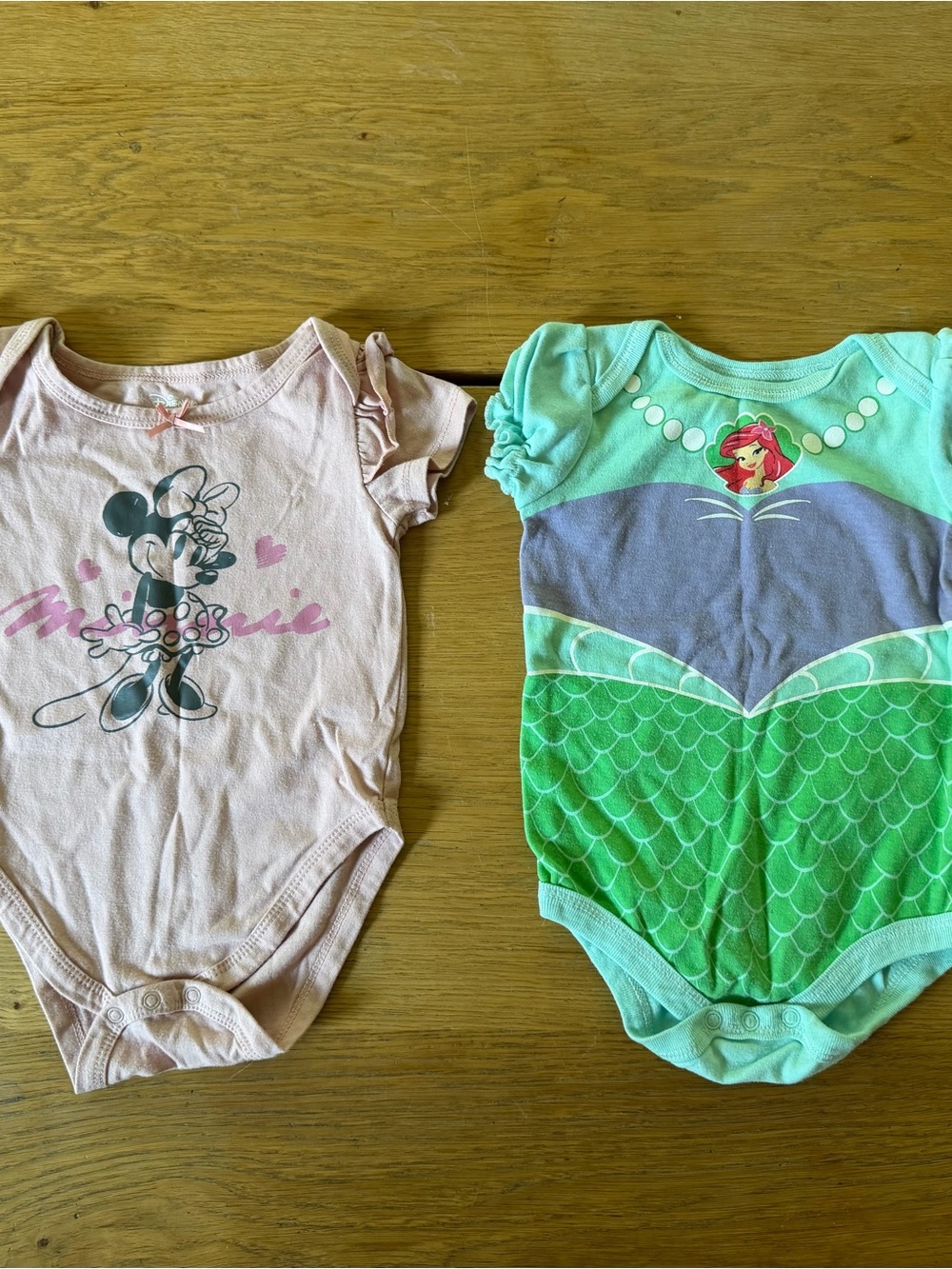 Disney Pink Minnie Mouse & Green Ariel Mermaid Baby Bodysuits